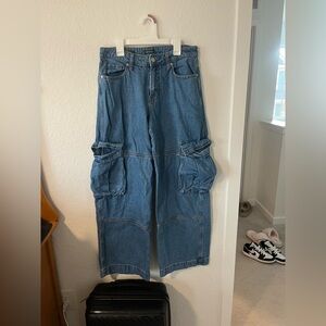 Wide Leg blue cargo mid rise baggy jeans